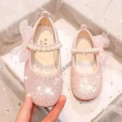 Mary Janes antiderrapante para meninas, arco lateral, pérolas, sapatos elegantes de princesa, sapatos chiques para crianças, festa, shows de casamento, moda infantil, 2024 - loja online