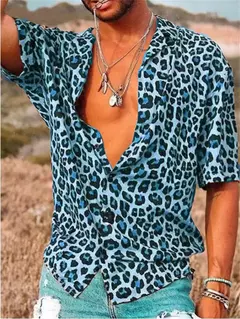 Imagem do Camisa estampada de leopardo masculina, botão havaiano de manga curta diária, roupa casual confortável, novo, 2024