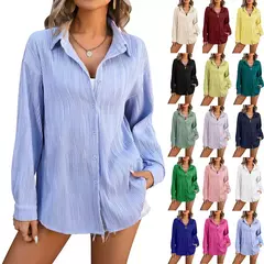 Blusas vintage grandes para mulheres, camisas soltas casuais para jovens, tops femininos monocromáticos, moda elegante, outono, 2024