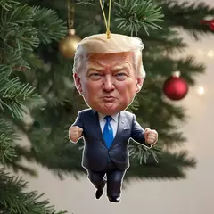Imagem do Natal acrílico pendurado ornamento para carro e árvore, pingente dos desenhos animados engraçados, Trump-Inspirado, presente perfeito do feriado, 1pc