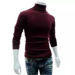 Gola alta masculina malha suéteres de algodão, pulôveres finos, roupas de escritório, tops masculinos, monocromáticos, vinho tinto - comprar online