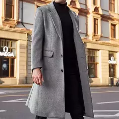 Casaco de lã de comprimento médio masculino, sobretudo masculino, manga longa, botões, gola de lapela, monocromático, outono, inverno