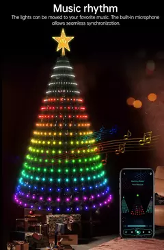 Árvore de natal inteligente toppers luzes app diy imagem led rgb luz da corda controle bluetooth led estrela corda cachoeira natal