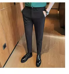 Calça de cintura elástica cor sólida para homens, calça casual slim fit, vestido de festa social, roupas de negócios de alta qualidade - loja online