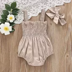 Roupas do bebê macacão de verão outfit cor sólida ruched criança menina casual sem mangas suspensórios crianças conjunto bandana - comprar online