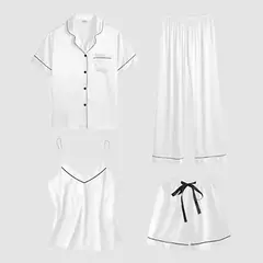 Conjunto pijama de seda de quatro peças para mulheres, cor sólida sexy, desgaste múltiplo, conjunto pijama casual, venda quente, novo, verão na internet