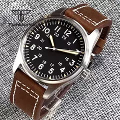 Imagem do Relógios piloto de mergulho automático Tandorio para homens, vidro safira, mostrador luminoso verde, pulseira de couro, coroa de parafuso, NH35A, 20Bar, 39mm