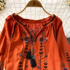 Blusa Bordada Manga Lanterna Longa com Decote V para Mulheres, Moda Casual, Camisas Vintage, Tops Femininos Minoritários, Drop Shipping, Outono na internet