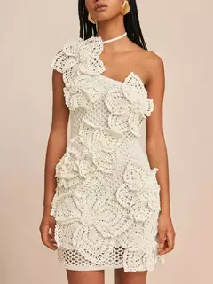 Mini vestido de malha de flor oco feminino, sem mangas, sem encosto, camada dupla, cabeçada irregular, moda feminina, verão - loja online
