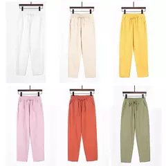 Calça de harém de linho de algodão feminina, elástico na cintura, cores doces, casual, primavera, verão, 2024 na internet