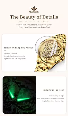 OUPINKE-impermeável relógio mecânico automático para casal, tungstênio tira de aço, movimento importado, dourado, luxo, original