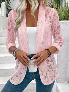 Jaqueta de manga longa de renda feminina, casacos de cor sólida, Design simples oco, Versátil, Moda, Primavera, Verão, Novo, 2024