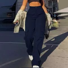 Calça de perna larga feminina, bolso com aba de rua, detalhes da fivela lateral, calças paraquedas hip hop, moda Y2K na internet