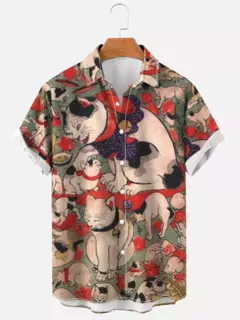Camisa havaiana dos desenhos animados de anime masculino, Tops de manga curta, roupas casuais masculinas, rua, animais, gatos, retrô, 3D Tees, verão - comprar online