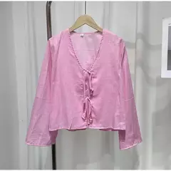 Camisas casuais de linho com renda para mulheres, oco, gola V, blusas de manga comprida, tops para senhora, streetwear, novo, primavera, 2022 - comprar online