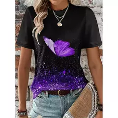 Camiseta colorida com padrão de borboleta feminina, camisetas estampadas com flores 3D, camiseta solta na moda, manga curta, tops redondos com pescoço, vívido na internet