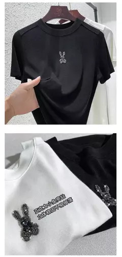 Top de diamante cintilante de manga curta feminino, estrela de diamante, coelho fashion, elástico alto, macio, grandes dimensões, verão, novo, top versátil - loja online