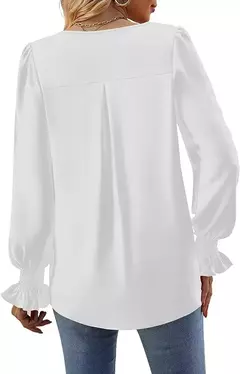 Imagem do Nova camisa feminina de chiffon de cor sólida com decote em v pulôver queimado manga comprida camisa superior senhora do escritório elegante cáqui blusas soltas