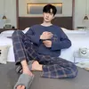 Pijama masculino com gola em o listrado, pijamas de algodão penteado, lounges plus size, outono e inverno, maduro na moda, novo, L a 6XL, 2020