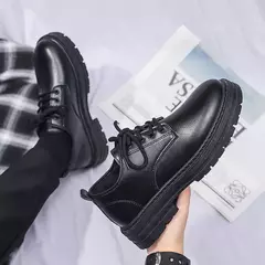 Sapato casual de couro masculino, sola grossa, com renda, dedo do pé redondo, antiderrapante, conforto ao ar livre, estilo britânico, formal, estudante