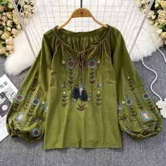 Blusa Bordada Manga Lanterna Longa com Decote V para Mulheres, Moda Casual, Camisas Vintage, Tops Femininos Minoritários, Drop Shipping, Outono - loja online