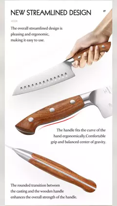 Imagem do HEZHEN-Aço e Madeira Red Handle Kitchen Knife Set, Tesoura Titular, Nitidez Rod, Acessórios, 1.4116 Aço, 8 PCs