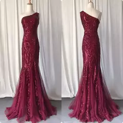 Vestidos de lantejoulas de um ombro, vestido longo do baile da sereia, elegante - loja online