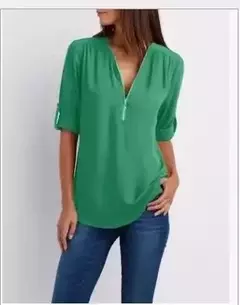 Blusa feminina profunda com gola V, tops femininos, pulôver sexy com zíper, moda casual, camisa solta legal, plus size, venda quente, 2024 - comprar online