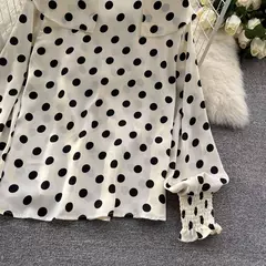 Vintage de bolinhas manga comprida plissado crop top feminino, t-shirt fina chique, camisa sexy casual fina, streetwear Harajuku, moda primavera - loja online