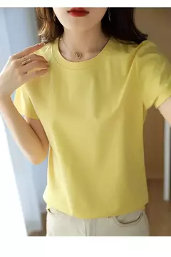 Camisetas de seda de algodão mercerizado femininas, camiseta casual simples, decote em O, manga curta, solta, reta, simples, minimalista, verão, 2023 - Wolf Magazine