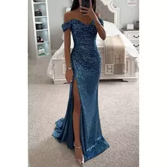 Imagem do Vestido Dividido de Pescoço Uma Linha Feminino, Lantejoulas, Dividido, Versátil, Elegante, Charme, Emagrecedor, Festa, INS, Emagrecimento, S-XL Size, Novo