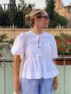 TRAFZA-Feminina Hollow Out O-Neck manga curta com renda por cima, blusa casual, streetwear chique feminino, camisa sólida da moda, 2024