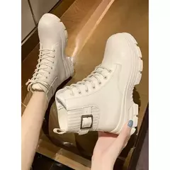 Botas de combate com cordões em couro PU para mulheres, bota branca, sola grossa, sapatos de plataforma, borracha, vaqueiro, fêmea, outono, inverno, novo