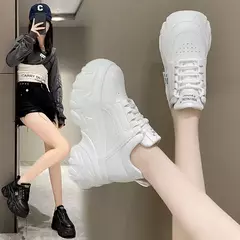 Rimocy-PU Leather Chunky Sneakers para mulheres, tênis de plataforma feminina, fundo grosso, branco, preto, sapatos para pais, moda, primavera, outono - loja online
