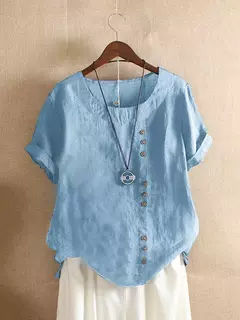 Top feminino de algodão e linho verão casual solto botão manga curta cor sólida pulôver blusa femme blusas na internet