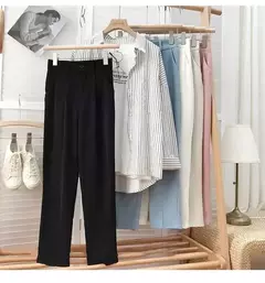Calça feminina elástica de cintura alta, calça feminina do escritório, casual solta streetwear, reta, preta, nove pontos, moda, outono, primavera na internet
