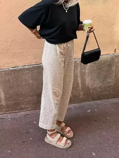 Calça xadrez casual feminina com cordão, cintura alta, calça reta, roupa diária, amiga da pele, moda verão, nova, venda quente - comprar online