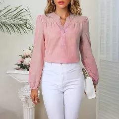 Camisa listrada multicolorida feminina, decote em v, colarinho branco, colarinho branco, moda trabalho, manga comprida, estilo viajante, novo, verão - Wolf Magazine