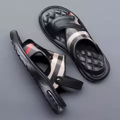 Sandálias masculinas de couro de duas camadas, chinelos antiderrapantes, pano de flor respirável, sandálias à beira-mar, esportes de lazer, marca - comprar online