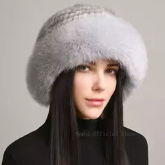 Imagem do Chapéu de pele de vison genuíno para mulheres gorro de malha natural de luxo chapéu de malha artesanal pele de raposa real moda inverno quente, novo