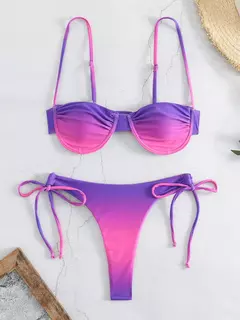 Fato de banho plissado com cordão feminino, biquínis arco, maiô sexy, banhista, conjunto de biquíni gradiente, moda verão, 2 peças - comprar online