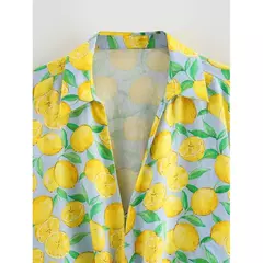 Camisa Yenkye-limão com estampa Lace Up Hem Crop para mulheres, colarinho lapela, blusa festivo, casual Streetwear solto, verão - loja online