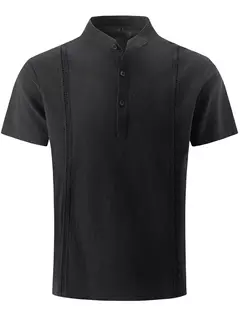Pulôver de algodão de linho masculino, lapela, manga curta, colarinho Henry, guayabela sólida, alta qualidade, blusa casual de moda verão na internet