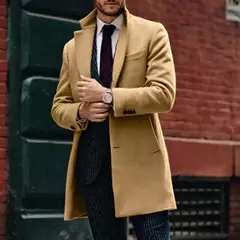 Sobretudo de lã de comprimento médio masculino, monocromático, gola alta, jaqueta solta, botão Fit, casaco de negócios, jaquetas masculinas, moda, inverno