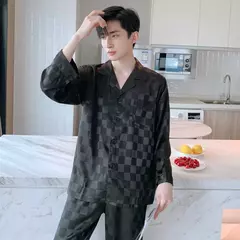 Conjunto de pijama de seda fino masculino, manga comprida e calça curta, pijama, calça para dormir na internet