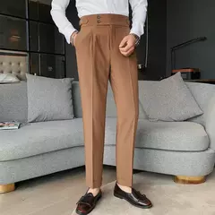 Homens estilo britânico ternos calças novo masculino sólido calças de cintura alta alta qualidade formal magro ajuste negócio casual terno calças - comprar online