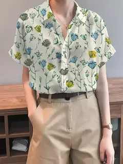 Camisa feminina colorida em 3D com estampa floral, tops de manga curta, botão, gola elegante, primavera e outono, 2024 - Wolf Magazine