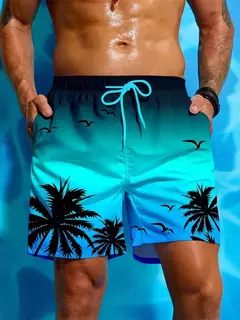 Calções gráficos de palma estampados em 3D masculino, calção de gelo solto, planta vintage, verão, calção de natação respirável havaiano na internet