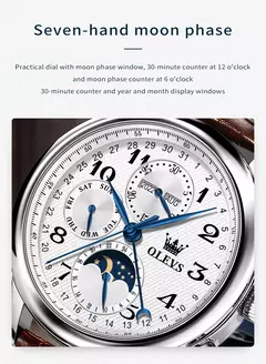 OLEVS-Relógio de pulso mecânico automático masculino, Moon Phase, Calendário, Impermeável, Aço inoxidável, Pulseira de couro, Original na internet