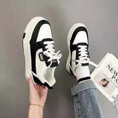 Imagem do Tênis antiderrapantes de couro de sola macia feminino, sapatos confortáveis e respiráveis, de salto redondo, novos, primavera e outono, 2024